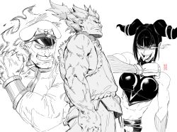 Rule 34 | 1girl, 2boys, abs, akuma (street fighter), bare shoulders, black sclera, breasts, clenched hands, closed mouth, colored sclera, commentary, double bun, edpan, english commentary, evil grin, evil smile, from side, glowing, glowing eyes, grin, hair bun, hair horns, hand up, hat, high ponytail, highres, jacket, large breasts, long sleeves, looking at viewer, m. bison, midriff, military hat, multiple boys, muscular, muscular female, navel, open mouth, smile, street fighter, street fighter v, tongue, tongue out, white background