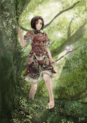 Rule 34 | 00s, 10s, 1girl, 2016, arm support, armor, barefoot, black eyes, black hair, blush, breastplate, dappled sunlight, final fantasy, final fantasy xi, flower, forest, highres, hume, in tree, leaf, light smile, looking at viewer, morere, najelith, nature, no headwear, no headwear, short hair, shoulder armor, signature, solo, pauldrons, stick, sunlight, tree, branch