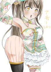 Rule 34 | 1girl, absurdres, aqua flower, artist name, artist request, bare shoulders, black footwear, blush, boots, bow, breasts, bridal garter, brown eyes, brown hair, china dress, chinese clothes, cleavage, close-up, collared dress, dress, elbow sleeves, female focus, fighting stance, floral print, flower, flower print, frilled dress, frilled skirt, frills, grey hair, hair bow, hair flower, hair ornament, hair rings, high heel boots, high heels, highres, knee boots, light brown hair, long hair, looking at viewer, love live!, love live! school idol festival, love live! school idol project, medium breasts, minami kotori, miniskirt, parted lips, plaid, plaid dress, plaid skirt, pleated, pleated dress, pleated skirt, ponytail, short sleeves, side ponytail, skirt, smile, solo, standing, standing on one leg, white background, white bow, white legwear, white skirt, yellow eyes