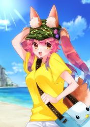 Rule 34 | 1girl, alternate costume, alternate hairstyle, animal ears, bag, blue sky, blush, breasts, camouflage, casual, day, ears through headwear, fang, fate/grand order, fate (series), fox ears, fox tail, hat, highres, large breasts, military hat, mimi, nature, ocean, open mouth, outdoors, pin, pink hair, shirt, sky, solo, sweat, tail, tamamo (fate), tamamo no mae (fate/extra), twintails, yellow eyes, yellow shirt