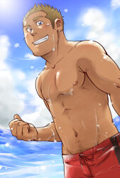 Rule 34 | 1boy, abs, bara, beach, blonde hair, blush, clenched hand, dark-skinned male, dark skin, looking at viewer, male focus, male swimwear, navel, navel hair, nipples, original, pectorals, red male swimwear, short hair, sideburns, sky, solo, stomach, suv (suv032), swim trunks, toned, toned male, topless male, wet