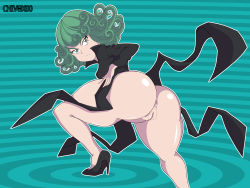 Rule 34 | 1girl, absurdres, anus, artist name, ass, ass focus, bare legs, black dress, chivox00, curly hair, dress, green hair, highres, huge ass, looking at viewer, looking back, no panties, one-punch man, pussy, shiny skin, simple background, solo, tatsumaki, wide hips