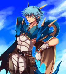 Rule 34 | 1boy, belt, blue hair, blue sky, brown belt, brown cape, brown pants, cape, character request, closed mouth, cloud, commentary request, cowboy shot, creator (ragnarok online), crossover, dragon, dragon chronicle, dragon tail, emon-yu, gloves, green eyes, hair between eyes, horns, living clothes, looking at viewer, pants, pouch, ragnarok online, shirt, short hair, sky, sleeveless, sleeveless shirt, smile, solo, tail, white gloves, white shirt