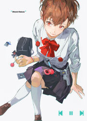 Rule 34 | 1girl, absurdres, bag, black skirt, bow, bowtie, brown footwear, brown hair, candy, card, cellphone, character name, closed mouth, collared shirt, crossed legs, digital media player, earphones, evoker, flip phone, food, from above, hair ornament, hairclip, highres, holding, holding candy, holding food, holding lollipop, invisible chair, jack frost (megami tensei), kneehighs, lollipop, long hair, ooc (sylyaoh), persona, persona 3, persona 3 portable, phone, pleated skirt, red bow, red bowtie, red eyes, shiomi kotone, shirt, simple background, sitting, skirt, smile, socks, solo, white shirt, white socks