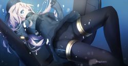 Rule 34 | 10s, 1girl, air bubble, artist name, black pantyhose, blonde hair, blue eyes, blurry, bodysuit, bubble, covered mouth, cropped jacket, depth of field, diving suit, dress, from below, garrison cap, hat, kantai collection, long hair, looking at viewer, magicians (zhkahogigzkh), pantyhose, puffy short sleeves, puffy sleeves, short sleeves, solo, thigh strap, u-511 (kancolle), underwater, unitard, unzipped, wetsuit