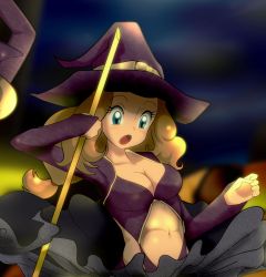 Rule 34 | 1girl, blonde hair, blue eyes, blush, breasts, cleavage, clothes lift, creatures (company), embarrassed, game freak, hat, large breasts, long hair, navel, nintendo, pokemon, serena (pokemon), skirt, skirt lift, wind, wind lift, witch, witch hat, yang meiling