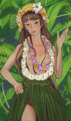 Rule 34 | 1girl, blunt bangs, borrowed character, breasts, brown eyes, brown hair, commentary, english commentary, flower, flower necklace, freckles, grass skirt, head wreath, highres, hula, jewelry, kara eklund, leaf, lei, mossacannibalis, necklace, no panties, open mouth, original, solo, topless