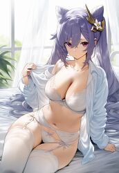 Rule 34 | 1girl, breasts, cleavage, flower, genshin impact, hair flower, hair ornament, highres, keqing (genshin impact), large breasts, lingerie, looking at viewer, navel, on bed, plant, purple eyes, purple hair, setsuaiart, solo, thighhighs, thighs, twintails, twisted hair, underwear, window