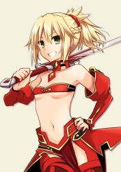 Rule 34 | 1girl, bandeau, blonde hair, braid, breasts, clarent (fate), detached sleeves, fate/apocrypha, fate/grand order, fate (series), green eyes, grin, long hair, looking at viewer, midriff, mordred (fate), mordred (fate/apocrypha), navel, ponytail, quro (black river), small breasts, smile, solo, strapless, tube top, underboob