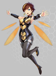 Rule 34 | 1girl, ;d, armpits, avengers (series), bare shoulders, bee costume, blue eyes, bodysuit, breasts, brown hair, detached sleeves, disk wars: avengers, disk wars avengers, earrings, high heels, highres, hip focus, insect wings, jewelry, marvel, one eye closed, open mouth, poo (saku), short hair, small breasts, smile, solo, wasp (marvel), wings, wink
