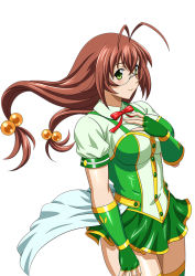 Rule 34 | 00s, 1girl, bare legs, breasts, brown hair, dress, female focus, fingerless gloves, glasses, gloves, green eyes, green gloves, hair bobbles, hair ornament, ikkitousen, large breasts, long hair, looking at viewer, ryuubi gentoku, shiny skin, simple background, skirt, smile, solo, thighhighs, white background