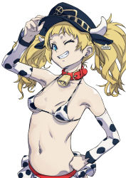 Rule 34 | 1girl, 2021, alternate breast size, animal ears, animal print, arado balanga (xchd7538), arm up, bad id, bad pixiv id, bell, bikini, blonde hair, blue eyes, breasts, chinese zodiac, collar, collarbone, covered erect nipples, cow horns, cow print, cowbell, detached sleeves, ear tag, fake animal ears, hand on headwear, hand on own hip, highres, horns, horns through headwear, large breasts, long hair, medium breasts, monika weisswind, navel, neck bell, one eye closed, red collar, shingeki no bahamut, simple background, skirt, smile, solo, swimsuit, teeth, twintails, white background, white horns, year of the ox