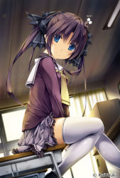Rule 34 | 1girl, artist name, between legs, black bow, blue eyes, blush, bow, breasts, ceiling, classroom, commentary request, curtains, desk, frilled skirt, frills, hair between eyes, hair bow, hand between legs, highres, indoors, kai yuuki, long sleeves, looking at viewer, looking to the side, neckerchief, on desk, original, plaid, plaid skirt, purple hair, purple serafuku, purple shirt, purple skirt, sailor collar, school uniform, serafuku, shirt, sidelocks, sitting, on desk, skirt, small breasts, smile, solo, thighhighs, twintails, window, worm, yellow neckerchief, zettai ryouiki