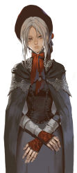 Rule 34 | 1girl, bloodborne, bonnet, cloak, doll joints, expressionless, grey eyes, joints, lips, long hair, long sleeves, narrator (nobody), plain doll, silver hair, simple background, skirt, solo, white background