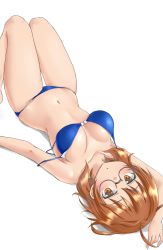 Rule 34 | 1girl, ahoge, aimobake, araki hina, arm up, bad id, bad twitter id, bikini, blue bikini, blush, bow, bow bikini, breasts, brown eyes, brown hair, commentary request, from above, glasses, highres, idolmaster, idolmaster cinderella girls, long hair, looking at viewer, looking back, lying, medium breasts, messy hair, navel, on back, parted lips, simple background, skindentation, strap slip, swimsuit, thigh gap, white background