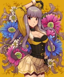 Rule 34 | 1girl, 961 production, arm up, bad drawr id, bad id, breasts, brown eyes, choker, cleavage, drawr, face, floral background, flower, gloves, goe, grey hair, idolmaster, idolmaster (classic), miniskirt, pleated skirt, red eyes, shijou takane, skirt, solo