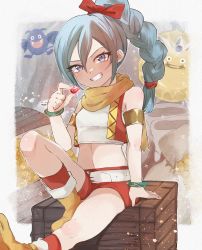 Rule 34 | 1girl, absurdres, armband, bag, belt, blouse, blue eyes, blue hair, boots, bow, bracelet, buckle, crate, dragon quest, dragon quest xi, dracky, draw happy set, eyelashes, grin, hair bow, hair ornament, hair ribbon, highres, jewelry, looking at viewer, maya (dq11), monster, navel, ponytail, red bow, red ribbon, red shorts, ribbon, scarf, shirt, shorts, sitting, smile, socks, sparkle, square enix, stretching, teeth, treasure, treasure chest, white belt