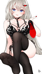 Rule 34 | 1girl, :p, absurdres, arm support, bare shoulders, black nails, black thighhighs, blue eyes, blush, breasts, commentary request, crossed legs, earrings, fang, feet, fingernails, foot focus, foot out of frame, foreshortening, grey hair, hair between eyes, hair ornament, hand up, heart, heart hair ornament, high heels, highres, holding, holding clothes, holding footwear, jewelry, leaning to the side, leg up, long fingernails, long hair, looking at viewer, medium breasts, multicolored nails, nail polish, o-ring, original, pumps, red nails, red soles, see-through, see-through legwear, shoes, signature, simple background, sitting, soles, solo, thighhighs, toes, tongue, tongue out, unworn footwear, very long hair, white background, yamada sakura