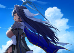 Rule 34 | 1girl, absurdres, alternate hair length, alternate hairstyle, blue eyes, blue sky, breasts, chain, chain headband, cloud, erezu, halo, head chain, highres, hololive, hololive english, jewelry, large breasts, long hair, looking at viewer, looking back, mechanical halo, ouro kronii, outdoors, side slit, sideboob, skirt, sky, solo, veil, virtual youtuber, white veil