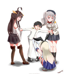 Rule 34 | 10s, 1boy, 3girls, absurdres, admiral (kancolle), ahoge, artist request, bad id, bad pixiv id, black socks, highres, kantai collection, kashima (kancolle), kneehighs, kongou (kancolle), little boy admiral (kancolle), miniskirt, multiple girls, shimakaze (kancolle), skirt, socks, striped clothes, striped thighhighs, thighhighs