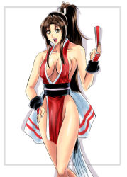 Rule 34 | 1girl, breasts, brown eyes, brown hair, covered erect nipples, dress, fatal fury, holding, holding weapon, kunoichi, large breasts, long hair, open mouth, penzoom, ponytail, self-upload, shiranui mai, snk, the king of fighters, weapon