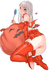 Rule 34 | 1girl, :o, absurdres, bare shoulders, bow, breasts, candy, capcom fighting jam, censored, commentary request, cushion, derivative work, detached sleeves, food, full body, grey hair, high-waist skirt, highres, holding, holding food, ingrid (capcom), jack-o&#039;-lantern, large breasts, lollipop, long hair, long sleeves, looking at viewer, mosaic censoring, no panties, open mouth, pleated skirt, pumpkin, pussy, pussy peek, red eyes, red footwear, red headwear, red skirt, red thighhighs, shoes, simple background, skirt, solo, speech bubble, tetsu (kimuchi), thighhighs, very long hair, white background, white bow
