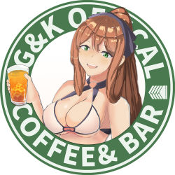 Rule 34 | 1girl, :d, alcohol, bare shoulders, beer, bikini, blush, breasts, brown hair, cleavage, cup, drinking glass, girls&#039; frontline, green eyes, hair between eyes, hair ribbon, hair rings, holding, holding cup, holding drinking glass, large breasts, long hair, looking at viewer, lsheng, o-ring, o-ring bikini, o-ring top, official alternate costume, open mouth, ribbon, sidelocks, smile, solo, springfield (girls&#039; frontline), springfield (stirring mermaid) (girls&#039; frontline), swimsuit, white bikini
