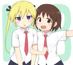 Rule 34 | 2girls, :&lt;, :d, black ribbon, black skirt, blonde hair, blush, brown eyes, brown hair, collared shirt, commentary, hair between eyes, hair ribbon, happy, highres, kill me baby, locked arms, long hair, looking at viewer, mohya, multiple girls, necktie, open mouth, oribe yasuna, pleated skirt, purple eyes, red neckwear, ribbon, school uniform, shirt, short hair, short sleeves, skirt, smile, sonya (kill me baby), standing, twintails, upper body, white background, white shirt