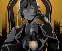 Rule 34 | 1boy, black gloves, chair, closed mouth, collared shirt, crown, earrings, formal, genshin impact, gloves, greyscale, hair between eyes, hand on own face, holding, holding crown, jacket, jewelry, king (vocaloid), kouta (pixiv14981568), long hair, long sleeves, male focus, monochrome, necktie, partially colored, shirt, single earring, sitting, slit pupils, smile, solo, suit, tassel, tassel earrings, throne, vocaloid, yellow eyes, zhongli (genshin impact)