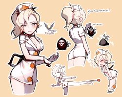 Rule 34 | 1boy, 1girl, blonde hair, blue eyes, breasts, character sheet, cleavage, cosplay, dress, embarrassed, english text, gloves, hacksaw, hat, high ponytail, kicking, large breasts, mercy (overwatch), ng (kimjae737), nurse, nurse cap, overwatch, overwatch 1, painwheel (skullgirls), painwheel (skullgirls) (cosplay), reaper (overwatch), saw, short dress, skullgirls, twitter username, valentine (skullgirls), valentine (skullgirls) (cosplay)