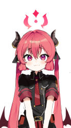 Rule 34 | 1girl, belt, blue archive, blush, commentary request, demon horns, demon wings, hair between eyes, halo, horns, junko (blue archive), low wings, pinch (nesume), purple hair, red eyes, simple background, smile, solo, twintails, uniform, white background, wings