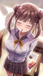 Rule 34 | 1girl, absurdres, arms behind back, blush, breasts, brown hair, closed eyes, collared shirt, double bun, facing viewer, food, food in mouth, hair bun, highres, idolmaster, idolmaster shiny colors, long hair, masuku (saint mask), medium breasts, mouth hold, neck ribbon, plaid, plaid skirt, pleated skirt, pocky, pocky in mouth, ribbon, school uniform, shirt, shirt tucked in, skirt, solo, sonoda chiyoko, standing, thighs, white shirt, yellow ribbon