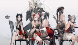 Rule 34 | 2boys, 5girls, animal ears, antennae, arknights, arm strap, back, backless dress, backless outfit, bare shoulders, black dress, black footwear, black hair, black shirt, breasts, brown legwear, cat ears, cat girl, cat tail, chair, cleavage, cleavage cutout, clothing cutout, cocktail dress, criss-cross halter, dress, eunectes (arknights), feather boa, from behind, garter straps, gradient clothes, grey hair, halterneck, hellagur (arknights), high heels, highres, horns, ines (arknights), large breasts, liduke, lin (arknights), long hair, looking at viewer, looking away, medium breasts, multiple boys, multiple girls, no panties, pantyhose, pelvic curtain, pointy ears, ponytail, red dress, schwarz (arknights), shirt, short dress, short hair, sitting, sleeveless, sleeveless dress, snake tail, tail, thighband pantyhose, thighs, w (arknights), yellow eyes