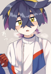 Rule 34 | 1boy, black hair, blush, close-up, colored inner hair, commentary request, creatures (company), crossed bangs, game freak, gloves, hair between eyes, hayashi (pixiv), headband, heavy breathing, high collar, highres, jacket, kieran (pokemon), looking at viewer, male focus, mole, mole on neck, multicolored hair, nintendo, open mouth, pokemon, pokemon sv, purple hair, red gloves, short hair, sweat, two-tone hair, upper body, white jacket, yellow eyes, yellow headband