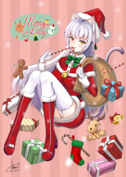 Rule 34 | 1girl, absurdres, animal ears, artist name, ass, bad id, bad pixiv id, blush, bow, breasts, cat ears, cat tail, christmas, commentary, dated, dress, gift, gloves, green bow, grey hair, hat, highres, himecoe, holding, holding sack, large breasts, looking at viewer, merry christmas, original, red footwear, reindeer, sack, santa dress, santa hat, tail, thighhighs, white gloves, white hair, white thighhighs, yellow eyes