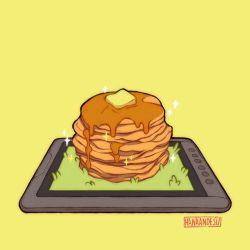 Rule 34 | butter, drawing tablet, food, food focus, grass, hanaan, no humans, original, pancake, simple background, sparkle, pancake stack, syrup, tablet pc, yellow background
