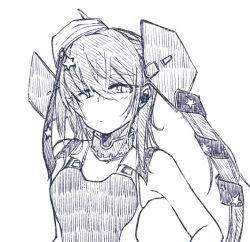 Rule 34 | 1girl, breasts, competition swimsuit, garrison cap, hair ornament, hair ribbon, hand on own hip, hat, kantai collection, lineart, long hair, looking at viewer, monochrome, one-piece swimsuit, ribbon, scamp (kancolle), side ponytail, small breasts, solo, star (symbol), star hair ornament, swimsuit, tatahai