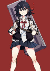 Rule 34 | 1girl, black hair, blouse, blue eyes, collared shirt, commentary request, frown, hands in pockets, highres, jacket, kill la kill, looking at viewer, matoi ryuuko, microskirt, multicolored hair, nirak, pleated skirt, raised eyebrow, red background, red hair, shirt, short hair, simple background, skirt, solo, standing, streaked hair, striped clothes, striped jacket, white shirt
