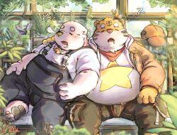 Rule 34 | 2boys, arm on shoulder, bara, barefoot, bear boy, bell, belly, bug, butterfly, cargo pants, closed eyes, drooling, fat, fat man, furry, furry male, highres, insect, jacket, male focus, multiple boys, neck bell, nose bubble, obese, open clothes, open jacket, orange fur, original, overalls, pants, red scarf, scarf, shirt, sleeping, sleeping on person, sleeping upright, thick arms, thick eyebrows, thick thighs, thighs, tiger boy, tiger stripes, tudou (yuyuitudou), two-tone fur, white fur, white shirt, yuyu (yuyuitudou), yuyuitudou, zzz