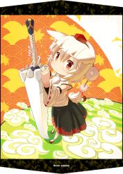Rule 34 | 1girl, alternate weapon, animal ears, blueberry (5959), blush, detached sleeves, foreshortening, from above, geta, hat, highres, inubashiri momiji, perspective, red eyes, short hair, solo, sword, tail, tokin hat, touhou, weapon, white hair, wolf ears, wolf tail