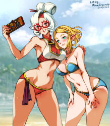 Rule 34 | 2girls, alternate costume, arched back, arm around shoulder, beach, bikini, blonde hair, blue bikini, blurry, blurry background, braid, breasts, collared bikini, commentary, crown braid, dated, earrings, english commentary, green eyes, hair ornament, hair stick, hairclip, hands on own thighs, holding, jewelry, large breasts, leaning forward, mina cream, multiple girls, navel, necklace, nintendo, outdoors, palm tree, parted bangs, parted lips, pointy ears, princess zelda, purah, purah pad, red-framed eyewear, red bikini, red eyes, round eyewear, sheikah, short hair, smile, swimsuit, the legend of zelda, the legend of zelda: tears of the kingdom, tree, twitter username, updo, wet, white hair