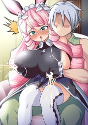 Rule 34 | blush, breasts, breasts squeezed together, covered erect nipples, drill hair, drooling, female ejaculation, female orgasm, grabbing, grabbing another&#039;s breast, grabbing from behind, green eyes, huge breasts, lactation, lactation through clothes, large breasts, maid headdress, marbas (megido72), megido72, milk, nipple stimulation, nipple tweak, no bra, orgasm, pink hair, projectile lactation, rabbit ears, roahnon, sitting, sitting on lap, sitting on person, thighhighs