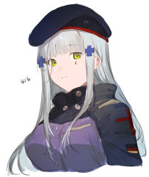 Rule 34 | 1girl, absurdres, beret, black hat, breasts, character name, closed mouth, expressionless, girls&#039; frontline, green eyes, grey hair, hair ornament, hat, highres, hk416 (girls&#039; frontline), jacket, large breasts, long hair, looking at viewer, shishamo (domado), sidelocks, simple background, solo, teardrop facial mark, upper body, white background