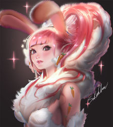 Rule 34 | 1girl, animal ears, blunt bangs, breasts, carrot, detached sleeves, earrings, food-themed earrings, freckles, fur collar, gradient background, high ponytail, jewelry, lips, long hair, making-of available, nose, original, pink hair, pointy ears, portrait, purple eyes, rabbit ears, sakimichan, sideboob, solo, sparkle, tattoo