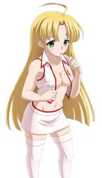 Rule 34 | 10s, 1girl, ahoge, asia argento, blonde hair, breasts, collarbone, green eyes, groin, high school dxd, long hair, looking down, medium breasts, midriff, miniskirt, no bra, open clothes, open shirt, shirt, skirt, sleeveless, sleeveless shirt, solo, standing, stomach, thighhighs, transparent background, very long hair, white background, white shirt, white skirt, white thighhighs