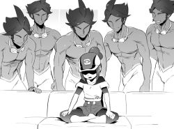 Rule 34 | 1girl, 5boys, ahoge, arm behind back, arm support, arms at sides, barefoot, baseball cap, behind another, bettie (pokemon), bodysuit, bodysuit under clothes, collarbone, couch, creatures (company), faceless, faceless female, faceless male, flat chest, game freak, goggles, goggles around neck, greyscale, gym leader, hands on legs, hat, indian style, leaning forward, legskin, looking down, male swimwear, marlon (pokemon), meme, monochrome, multiple boys, muscular, nintendo, no nipples, off-shoulder, off-shoulder shirt, off shoulder, open mouth, parted lips, pectorals, piper perri surrounded (meme), poke ball print, poke ball symbol, pokemon, pokemon bw2, pokemon masters ex, print headwear, print shirt, shaded eyes, shirt, short hair, shorts, sidelocks, sitting, smirk, tan, tanline, ter (otokoter), topless