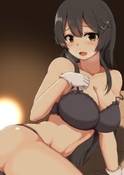 Rule 34 | 1girl, alumina1863, bare shoulders, black bra, black hair, black panties, blush, bra, breasts, cleavage, commentary request, gloves, green eyes, hair ornament, hairclip, kantai collection, large breasts, light, long hair, on bed, open mouth, oyashio (kancolle), panties, solo, steam, underwear, white gloves
