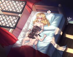 Rule 34 | 1boy, 2girls, absurdres, aftersex, blonde hair, blush, breasts, brown hair, caught, commentary, commission, curtains, english commentary, highres, long hair, medium breasts, multiple girls, nipples, nude, on bed, original, pillow, smile, window, yashrimp, yuri