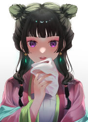 Rule 34 | 1girl, beads, black hair, blunt bangs, chikabe, chinese clothes, coat, double bun, earrings, eyelashes, flat chest, glowing, glowing earrings, green hair, hair beads, hair bun, hair ornament, hair over shoulder, half updo, hand up, handkerchief, hanfu, highres, holding, holding handkerchief, jewelry, kusuriya no hitorigoto, layered sleeves, lipstick, long hair, long sleeves, looking at viewer, makeup, maomao (kusuriya no hitorigoto), multi-tied hair, parted lips, pink coat, pink lips, purple eyes, shawl, simple background, skirt, smile, solo, twitter username, upper body, white background, wide sleeves