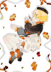 Rule 34 | 1girl, black dress, black footwear, black hat, blonde hair, charaotl, closed eyes, commentary, dress, flower, frilled dress, frilled sleeves, frills, from above, hair ornament, hairclip, hat, highres, jewelry, kagamine rin, long sleeves, lying, neck ruff, necklace, on side, puffy sleeves, red flower, red legwear, shadow, short hair, solo, tears, treble clef, vocaloid, white background